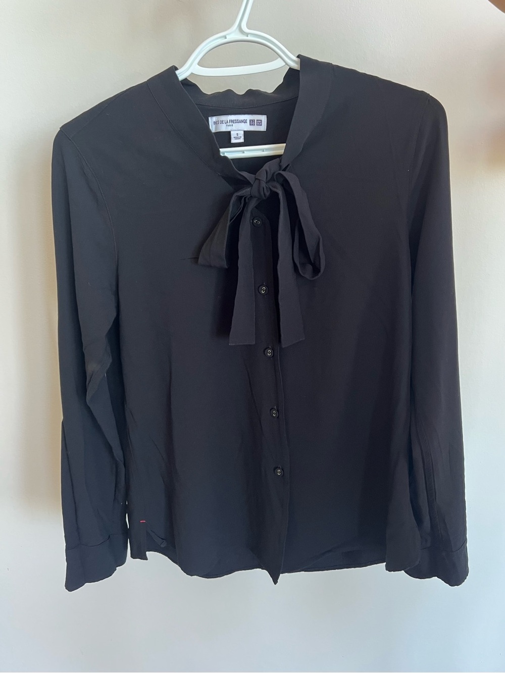 Ines De La FRESSANGE UNIQLO Black Bow-Neck Long Sleeve Blouse